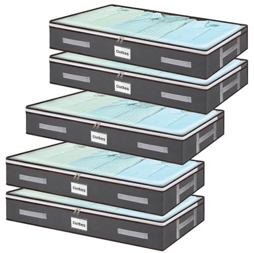 wsryx 5 Pack Underbed Storage Boxes with Lids, Foldable Under The Bed Storage with Zips, Large Plastic Storage Organiser Clothes Bags with Clear Window for Bedroom Sofa