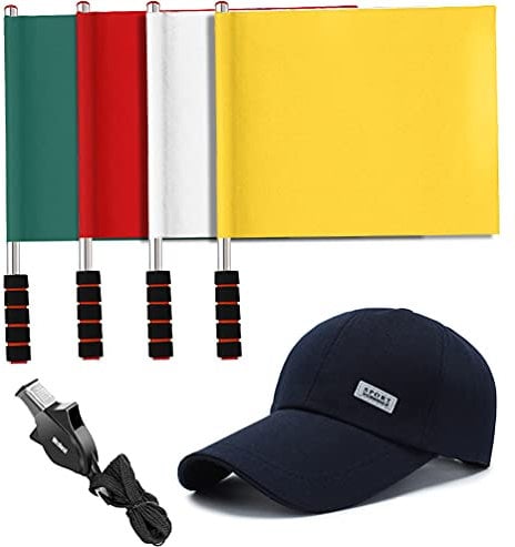 4 Pcs Referee Football Soccer Flag Stainless Steel Command Hand Flag Signal Flags Athletic Competition Flag Track and Field Sports Training Flag with Baseball Hat and Referee Whistle…