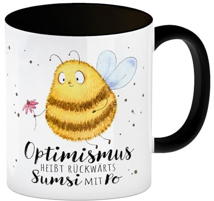 Pummel Biene Kaffeebecher in schwarz mit Spruch Optimismus heißt rückwärts Sumsi mit Po eine bunte Tasse für die Arbeit Motiv Bienentasse Kaffeetasse Frauen Geburtstag lustige