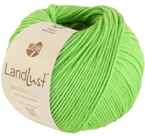 LANA GROSSA Landlust Baumwolle | Klassisches Bio-Baumwollgarn, Gots zertifiziert | Handstrickgarn aus 100% Baumwolle (Bio) | 50g Wolle zum Stricken & Häkeln | 115m Garn FB 24 Frühlingsgrün