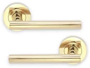 Infinity Decor Pair of Modern T Bar Lever Latch Door Handles on Round Rose PVD Brass Set - Suitable for Interior & Exterior Doors