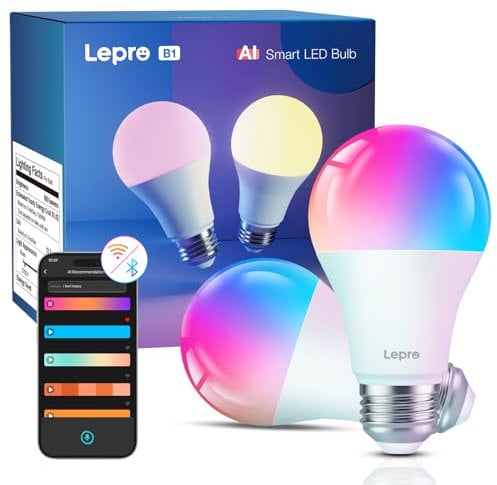 Lepro B1 AI Smart Bulb E27, Music Sync Bluetooth & WiFi Bulb, Voice Control Screw Light Bulbs, AI Lighting Design Assistant, RGBCCT Colour Changing Bulb, Work with Alexa & Google Assistant, 2 Packs