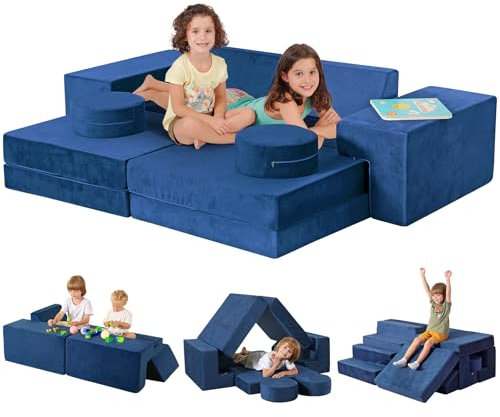 Kidirect Spielsofa, Kindersofa aus Schaumstoff Bausteine - Spielsofa für Kinder & Kuschelecke im Kinderzimmer [OHNE Harte Teile], Blau