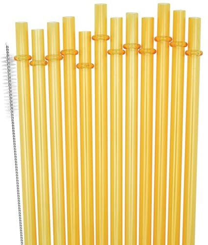 SUNDEE Reusable Plastic Straws Fit for Mason Jars, Tumblers, Long Rainbow Colored Unbreakable Drinking Straws, BPA Free and Eco Friendly, Set of 12 Pcs Straws with Cleaning Brush - Orange