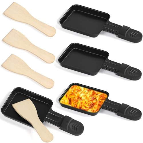 HengBO Poelon Raclette Revêtement Antiadhésif 4pcs Mini Raclette Set avec 4 Spatule Raclette Bois Portable Plateau de Cuisson Pour Appareil à Raclette Fromage Fondu Oeuf Frit (noir)