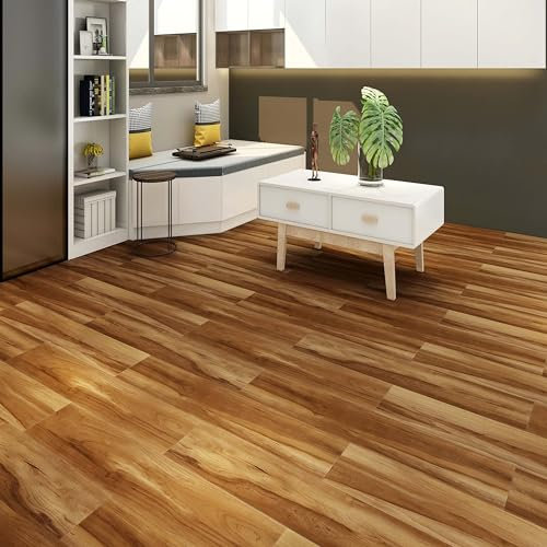 Vinylboden SPC, Holzmaserung, 5mm dick, 2,554m2/Kasten, 10 Fliesen/Packung, für einfache professionelle DIY-Installation (Light Brown + PVC)