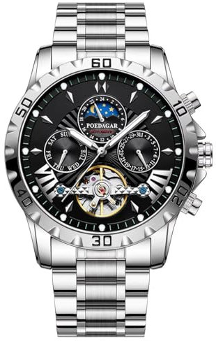 FORSINING Männer Mechanische Uhr Tourbillon Moon Phase Design Automatische Armbanduhr Handaufzug wasserdichte leuchtende Herrenuhren, schwarz