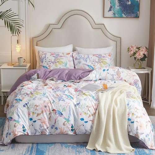 Freyamy Blumen Bettwäsche 135x200cm 4teilig Weiß Rosa Bunt Floral Pflanzen Vögel Bettwaren-Sets 100% Microfaser Mädchen Bettbezug 2 Bettdeckenbezüge mit Reißverschluss und 2 Kissenbezug 80x80cm