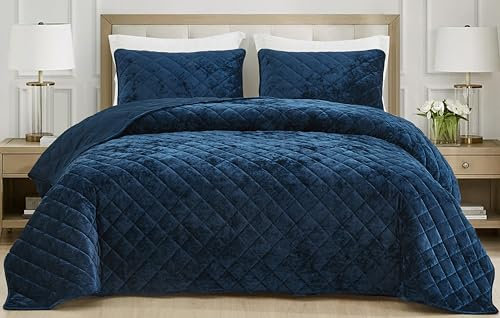 Chezmoi Collection Lux Steppdeckenset, plüschige strukturierte Samtbettwäsche, leichte Ganzjahresdecke mit Rautensteppung und gebürsteter Mikrofaser-Rückseite, Marineblau, Übergröße King, 3-teilig