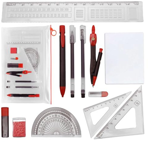 Esami Scolastici Set Di Cancelleria,Set Di Compasso E Goniometro,Set Di Compasso Professionale,Contiene 13 Pezzi Tra Cui Borsa Con Cerniera, Bussola, Set Di Righelli Geometrici, Gomma, Penna Gel, Ecc.