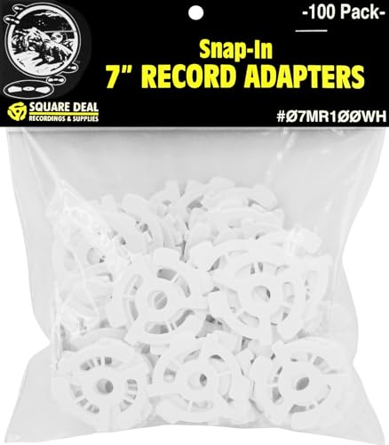 (100) Flat Plastic Record Adapters - Snap in Inserts to Make 7 45rpm Records Fit on Standard Vinyl Record Turntables #07MR100WH (White)