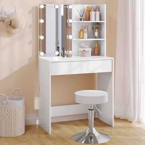 WOLTU Postazione Trucco con Luce, Specchio Regolabili, Sgabello, Regolabile e Girevole, Scrivania Trucco con Cassetto e Ripiani Aperti, Mobile Trucco Bianco, MB6113ws