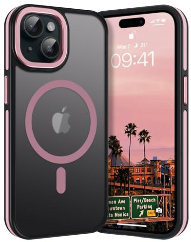 DOMAVER Coque Téléphone Magnétique iPhone 15, Translucide Compatible avec MagSafe pour iPhone 15 Case Téléphone Fin Etui Antichoc Antidérapante Housse Mate, Rose
