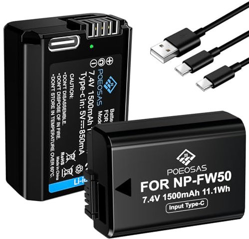 POEOSAS NP-FW50 Lot de 2 batteries de rechange, 1300 mAh, avec charge USB de type C, compatible avec NP-FW50 et Sony ZV-E10 RX10 IV Alpha 7(a7)/7R(a7R)/7S(a7S),a3000,a5000,NEX-3/5//6/7/C3/F3, DSC.