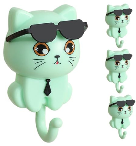 MiOYOOW Crochet à Clés Adhesif Mural, 4 Pcs Accroche Serviette en Chat, Support Torchon Créatif pour Accrocher des Clés, Chapeau, Sac, Écharpe