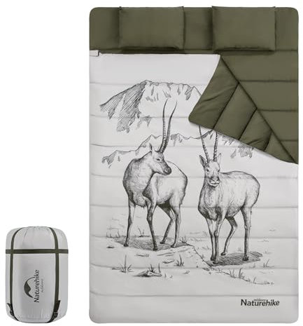 Naturehike Doppelschlafsack, Winddichter, Warmer und tragbarer Schlafsack für 2 Personen,Kommt mit 2 Kissen，Mit Cartoon-Muster，Angenehme Temperatur, für Camping, Rucksackreisen, Wandern, mehr