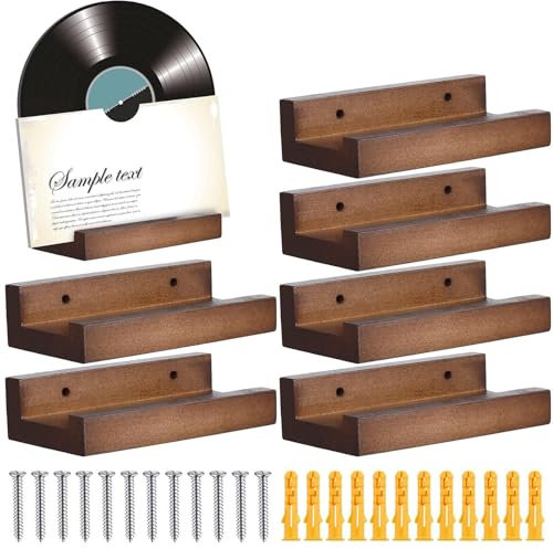 6 Pack Wooden Vinyl Record Wall Shelf, Vintage LP Album Display Holder & Organiser, Wall Mounted Storage for Records, Books, CDs & Newspapers, Rustic Home Office Decor for Music Lovers (Natural Wood)