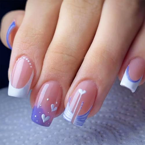 Kinretixia 24 Stück French Press on Nails, klebe nägel, quadratische künstliche Nägel zum Valentinstag, weißes Herz, französische Acrylnägel, künstliche Nägel für Frauen