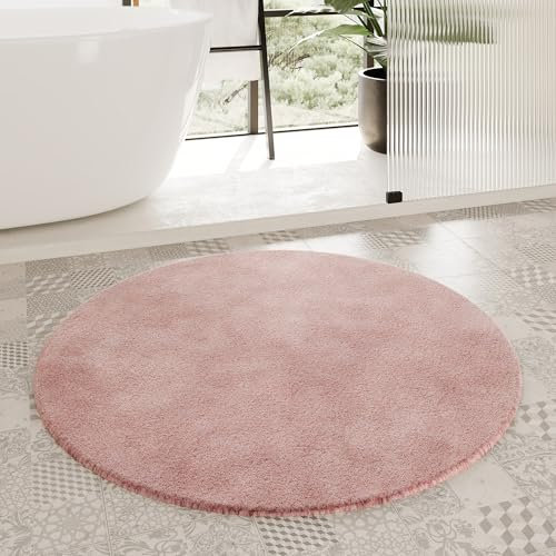 Homie Living Porto Azzurro Tapis de bain douillet à poils doux - Antidérapant et lavable - 90 cm - Rond - Rose poudré