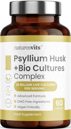 Psyllium Husk Fibre Capsules | 4000mg Per Serving | 20 Billion CFU 5-Strain Complex | with Inulin | High Fibre Food Supplement | Vegan | 60 Capsules | Made in UK