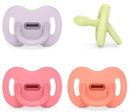 Suavinex, Lot 4 Sucettes Tout Silicone pour Nouveau-nés et Bébés 0/6 Mois, avec Tétine Symétrique SX Pro, Réversible, Super Douce et Souple, Idéal pour Dormir. Rose, Vert