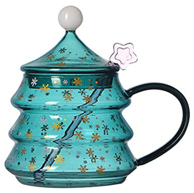 ZwaitL Tazze di vetro a forma di albero di Natale, tazze da caffè con coperchio, tazze divertenti 400 ml/500 ml, 2 capacità a scelta