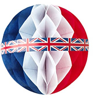 British Union Jack Honeycomb Paper Ball Decoration, 20cm, Red White Blue, Party Hanging Ornament