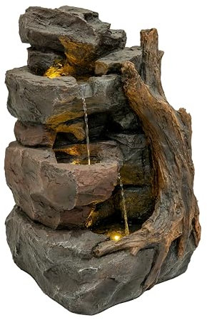 Fuente de agua eléctrica WILLOW SPRINGS | Cascada efecto piedra | 70x58x65cm | 3 Luces LED blanco cálido | Poliresina resistente | Bomba silenciosa | Cable 7m |Cepillo incluido | Deco Exterior