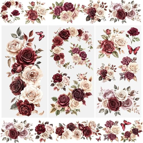 WANDIC Transfer-Aufkleber, Weinrote Blumen, wasserdicht, Möbel, Handwerk, dekorative Junk-Tagebücher für DIY, Scrapbooking, 15 x 30 cm, 3 Bögen