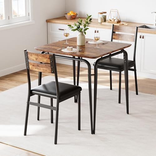 GarveeMore 3-Teilige Essgruppe Für 2 Personen, Kleiner Esstisch Mit 2 Stühlen Sitzgruppe, Quadratischer Küchentisch Mit Metallgestell Esszimmergruppe, Für Küche, Wohnzimmer, Apartment, Vintage-Look