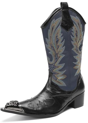 Yhsdfcn Stivali Texani da Uomo in Vera Pelle Bicolore Nero e Blu con Ricami, Stivali Cowboy Stile Cavallerizzo con Tacco Cubano, Boots Western Autunno Inverno,Nero,44 EU