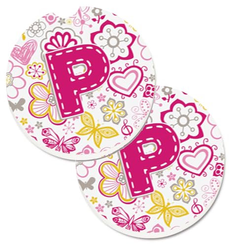 Caroline's Treasures Lettera P Fiori e Farfalle Rosa Set di 2 portabicchieri auto sottobicchieri CJ2005-PCARC, ceramica