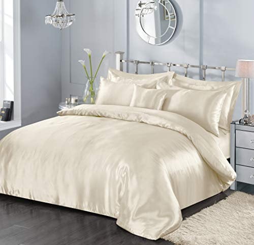 7 Piece Satin Sheets Super Soft Shiny Bedding Sets, 1 x Duvet Cover, 1 x Fitted Bed Sheet, 4 x Pillow Cases, 1 x Cushion Cover, Full Complete Bed Set (Cream, King)