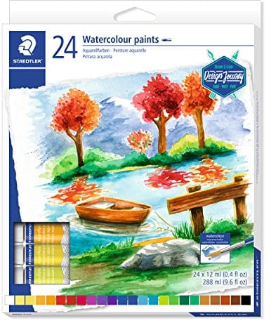 STAEDTLER 8880 C24 Aquarellfarben (hochpigmentiert, leicht mischbar, wasserlöslich, zur Verwendung auf Aquarellpapier, Kartonetui mit 24 farblich sortierten Aquarellfarben) Farbtuben à 12 ml