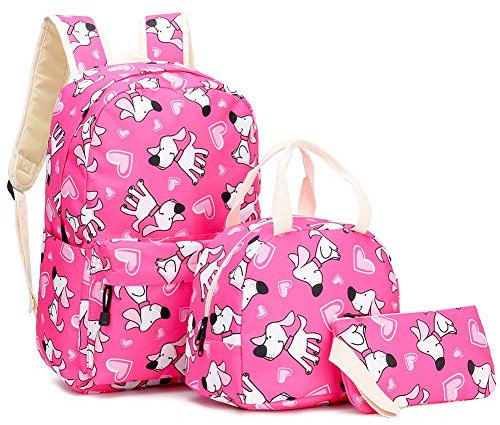 NANANA Rucksack Mädchen Schule Rucksack Hündchen Schultasche Teenager Schulranzen Sets 3 TLG. Kinderrucksack mit Lunchpaket + Mäppchen, 16,7x11,8x5,5 Zoll