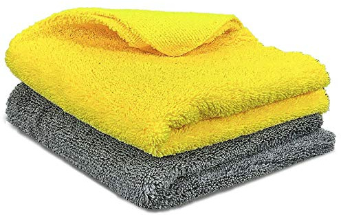 Towelogy® 420gsm Professional Microfibre Edgeless Car Cloths QUICK DRY for Auto/Moto Detailing Polishing Washing STREAK FREE & LINT FREE 40x40cm (Charcoal/Yellow, Pack Of 2)