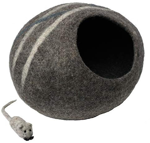 Mokoboho Katzenhöhle aus 100 % Wollfilz, handgefertigt in Nepal, mit kostenlosem Maus-Spielzeug (graues Streifen)