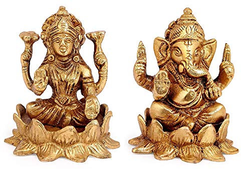 Messinggöttin Lakshmi Laxmi Ganesha Idol auf Lotusblume | Gottesstatue | Dekofigur Geschenkartikel