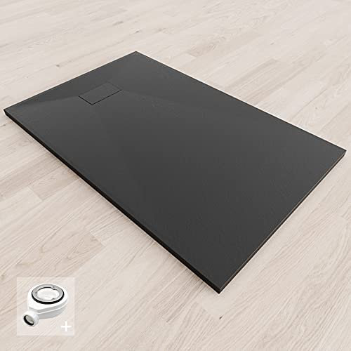 BAYA Receveur de douche extra-plat aspect pierre ardoise Noir 80 x 140 cm + bonde