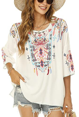 Vakakado Boho Stickerei Bluse Hippie Kleidung Damen 70er 80er Jahre Bekleidung Bohemian Folklore Besticktes Tunika 3/4Ärmel elegant Oberteile, Weiß-2XL
