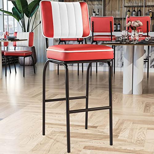 GGMMÖBEL 2-er Set Diner | Diner Barhocker | Rot | Leder | Gestell: Schwarz | Gestreift | Sitzhöhe: 80 cm | weißer Keder