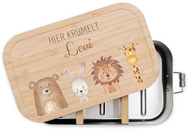 wunderwunsch - Personalisierte Brotdose für Kinder - Robuste und Individuelle Edelstahl Brotdose mit Namen - Personalisierte Geschenke für Kinder (Tiere unten, GROSS Edelstahl)