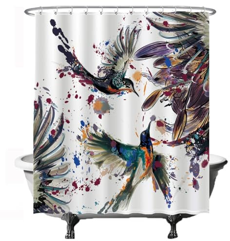 Ulticool Duschvorhang – Vögel Gefieder Kunst Tiere - 180 x 200 cm - Waschbar - Anti Schimmel - mit 12 Ringen – Weiß Blau Lila