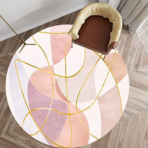 Rug-QJDDUP Tapis Salon Chambre à Coucher, Tapis à Poils Courts,Rouge rosé, Rose Magnolia, Mauve Blanchi, Rose Nuage, Design Moderne de Lignes Jaunes orangées,Round ø 120cm
