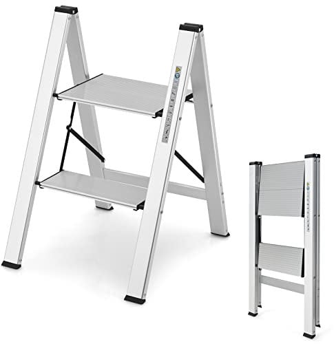 COSTWAY Trittleiter 2 Stufen Stehleiter, Aluminium Klappleiter bis 150 kg, Klapptritt Klappbar & rutschfest, Leiter Tritthocker Haushaltsleiter, für Zuhause Büro Garage, Silber(2-Stufen 44x49x66 cm)