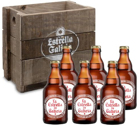 Estrella Galicia - Pack de 6 botellas de La Estrella de Galicia formato original y Caja de madera rústica