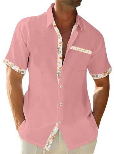 Chemise Lin Homme à Fleur Manche Courte Été - Chemisette Tshirt Rose 4XL