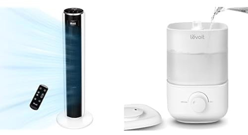 LEVOIT Ventilador de Torre con Mando a Distancia, 7m/s Ventilador Silencioso 28dB y 39W Humidificador Bebés, Humidificador 2.5L Hasta 25H para Dormitorio, Habitación de Niños