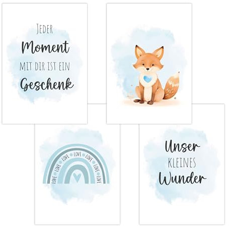 4er Set Baby DIN A4 Bilder mit Fuchs, Regenbogen und Sprüchen, Poster mit Tiermotiv für Babyzimmer, 200g/m² Papier, Kinderzimmer Wanddeko, für Bilderrahmen, Dekoration für Jungen & Mädchen, Hellblau