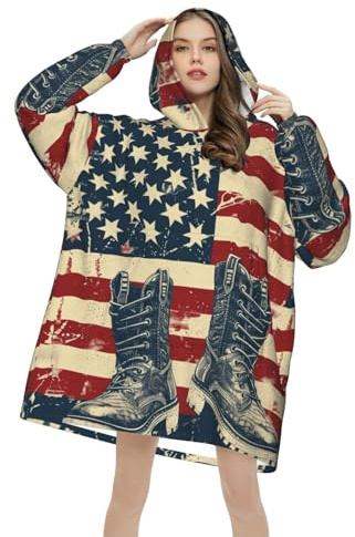 Manta con capucha y botas de la bandera americana, sugerencias cálidas para mujeres y hombres, manta con capucha con bolsillo gigante, Multicolor, 320g flannel